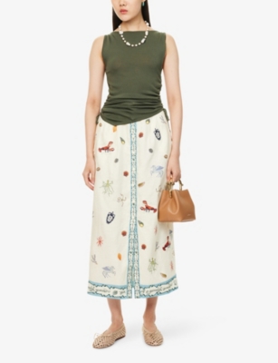 ALEMAIS: Sandy Embroidered Linen Midi Skirt