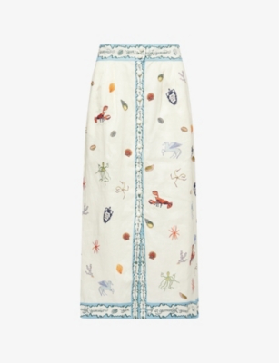 ALEMAIS: Sandy Embroidered Linen Midi Skirt
