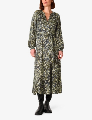 Whistles Omens  V-neck Printed Woven Midi Dress In Khaki/olive