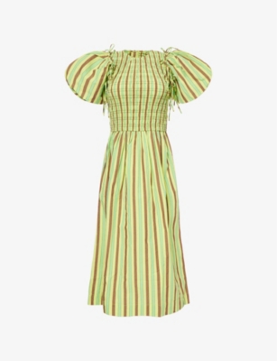 DAMSON MADDER WOMENS LIME BECCA STRIPED COTTON-POPLIN MIDI DRESS 