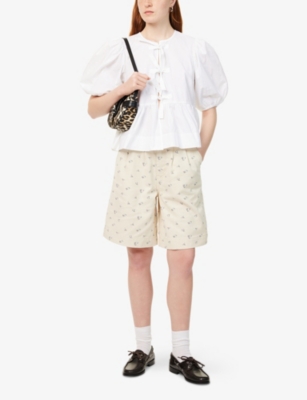 DAMSON MADDER WOMENS CREAM NOVA FLORAL-PRINT DENIM SHORTS 