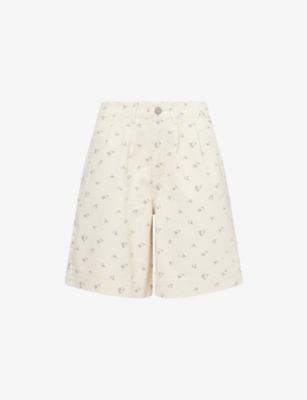 DAMSON MADDER WOMENS CREAM NOVA FLORAL-PRINT DENIM SHORTS 