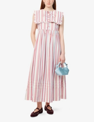 DAMSON MADDER WOMENS MULTI JOSEPHINE STRIPE-PRINT COTTON MIDI DRESS 