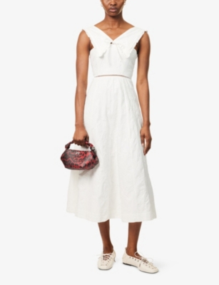 DAMSON MADDER WOMENS WHITE FAN FAN BRODERIE COTTON MIDI DRESS 