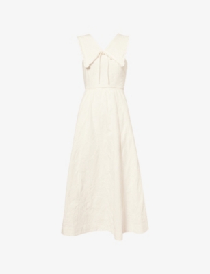 Damson Madder Womens White Fan Fan Broderie Cotton Midi Dress