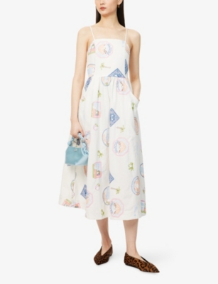 DAMSON MADDER: Apron Embroidered Cotton and Linen Midi Dress