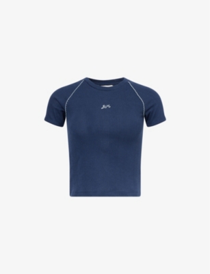 DAMSON MADDER WOMENS NAVY ASTER POINTELLE COTTON-BLEND T-SHIRT 