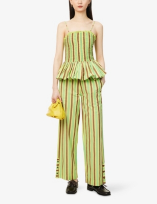 DAMSON MADDER WOMENS LIME BETHAN STRIPY-PEPLUM COTTON CAMI TOP 