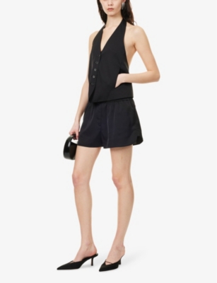 HELMUT LANG: Halter Brand-Plaque Open-Back Satin Vest Top