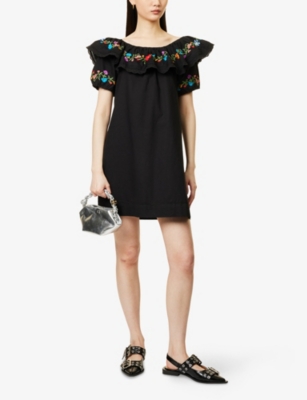 Shop Rixo London Womens Ombre Floral Black Saige Floral-embroidery Short-sleeve Cotton Mini Dress