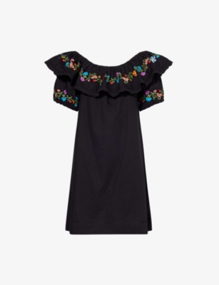 RIXO: Saige Floral-Embroidery Short-Sleeve Cotton Mini Dress