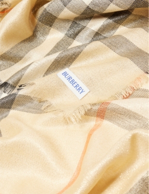 Burberry Womens Sand Check Metallic Wool-silk Scarf In Sand