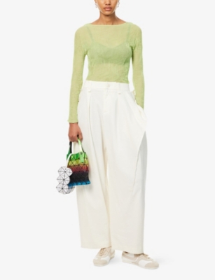 Issey Miyake Womens  Chiffon Twist Round-neck Knitted Top In Moegi Green