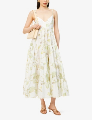 ERDEM WOMENS LILYPAD VINE WHITE LEAF-PRINT SLEEVELESS FLARED COTTON MIDI DRESS 