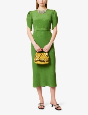 Shop Erdem Womens Leaf Green Crystal-embellished Floral Silk-cotton Blend Midi Dress