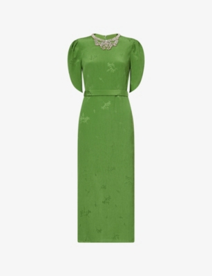 Shop Erdem Womens Leaf Green Crystal-embellished Floral Silk-cotton Blend Midi Dress