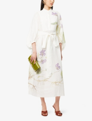 ERDEM WOMENS BOTANICAL VIOLET WHITE FLORAL-PRINT PUFF-SLEEVE LINEN MIDI DRESS 