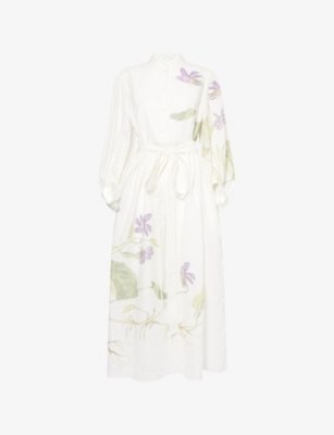 Shop Erdem Womens Botanical Violet White Floral-print Puff-sleeve Linen Midi Dress