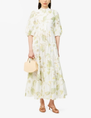 ERDEM WOMENS LILYPAD VINE WHITE LEAF-PRINT PUFF-SLEEVE COTTON MIDI DRESS 