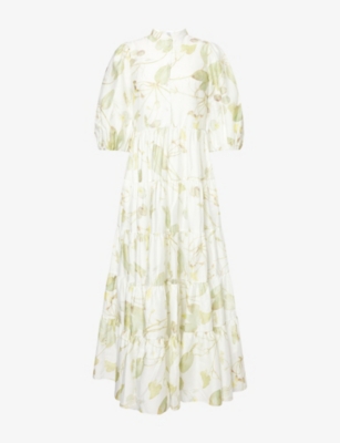 Erdem Womens Leaf-print Puff-sleeve Cotton Midi Dress Lilypad Vine White