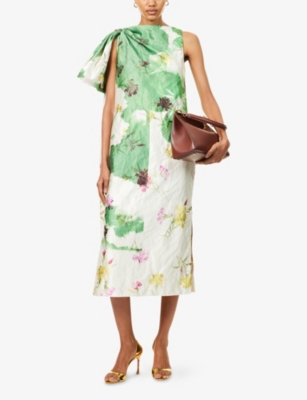 ERDEM WOMENS DANCING CARNATION CLOVER FLORAL BOW-EMBELLISHMENT WOVEN MIDI DRESS 