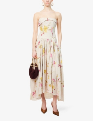 ERDEM WOMENS FLORAL-PRINT OVERSIZED-POCKETS LINEN MIDI DRESS DANCING CARNATION 
