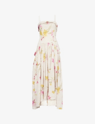 ERDEM WOMENS FLORAL-PRINT OVERSIZED-POCKETS LINEN MIDI DRESS DANCING CARNATION 