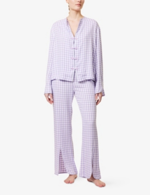 SLEEPER WOMENS LAVENDER & WHITE LOUIS GINGHAM STRAIGHT-LEG WOVEN PYJAMA SET XS 