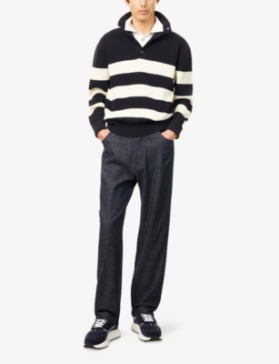 DUNHILL MENS HOUSE NAVY STRIPE-PRINT HIGH-NECK KNITTED COTTON JUMPER 