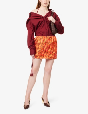 Gucci Womens Rosso Ancora Embroidered Drawstring-sleeves Cotton-poplin Shirt In Rosso Ancora