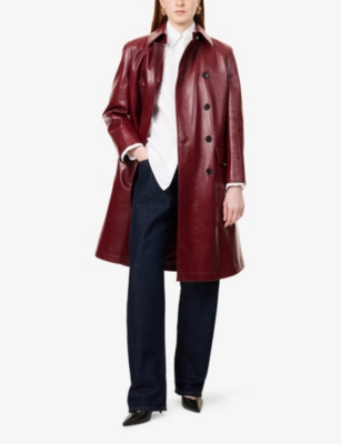 Gucci Womens Rosso Ancora Double-breasted Two-flap-pockets Leather Coat In Rosso Ancora