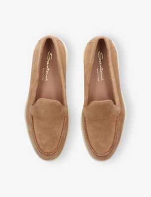 SANTONI WOMENS BEIGE ALMOND-TOE SUEDE LOAFERS EUR 39.5 / 6.5 UK