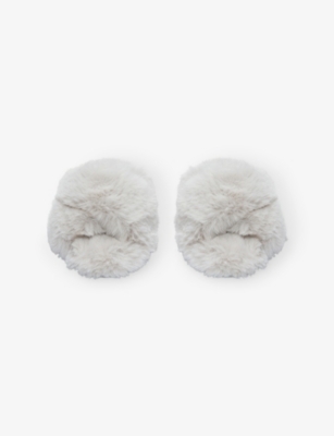 The White Company S Pale Grey Cross-strap Faux-fur Slippers In Gray