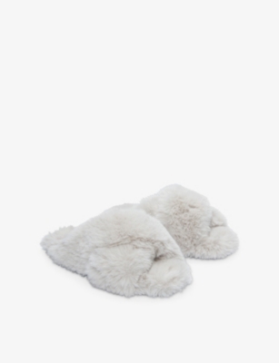 The White Company S Pale Grey Cross-strap Faux-fur Slippers In Gray
