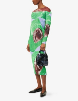 PLEATS PLEASE ISSEY MIYAKE: Backlight Print Long-Sleeve Pleated Midi Knit Dress