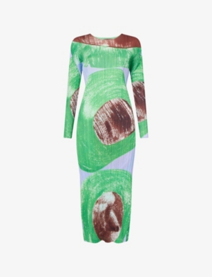 PLEATS PLEASE ISSEY MIYAKE: Backlight Print Long-Sleeve Pleated Midi Knit Dress