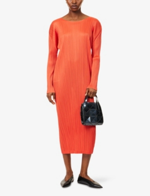 PLEATS PLEASE ISSEY MIYAKE: Long-Sleeve Pleat Knitted Midi Dress