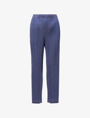 PLEATS PLEASE ISSEY MIYAKE: Wide-Leg Pleated Denim-Look Knitted Trousers