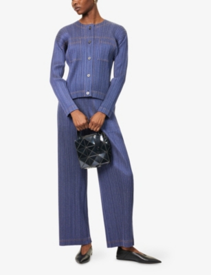 PLEATS PLEASE ISSEY MIYAKE: Collarless Pleated Denim-Look Knitted Jacket