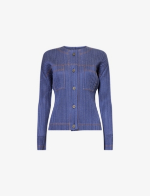 PLEATS PLEASE ISSEY MIYAKE: Collarless Pleated Denim-Look Knitted Jacket