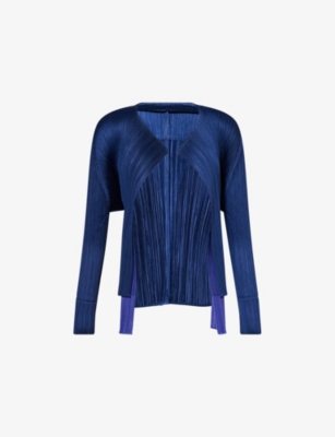 PLEATS PLEASE ISSEY MIYAKE: Merry Bicolor Tie-Front Pleats Knitted Cardigan