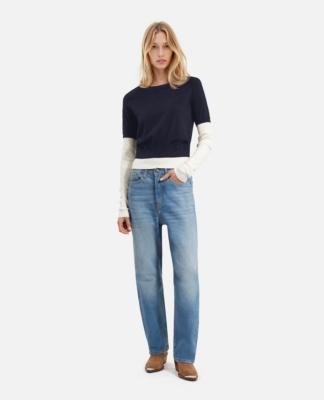 The Kooples Womens Dark Navy-ecru Logo-embroidered Short-sleeve Cotton And Cashmere-blend Jumper In Dark Navy-ecru