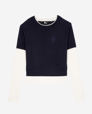 The Kooples Womens Dark Navy-ecru Logo-embroidered Short-sleeve Cotton And Cashmere-blend Jumper In Dark Navy-ecru