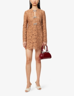 SELF-PORTRAIT: Lace Bow-Embellished Woven Mini Dress