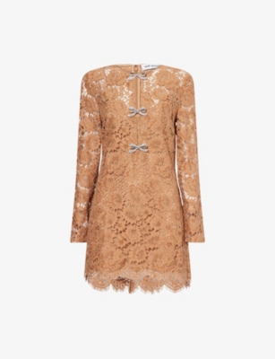 SELF-PORTRAIT: Lace Bow-Embellished Woven Mini Dress