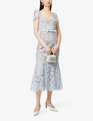 Corset-Bodice Short-Sleeve Lace Midi Dress