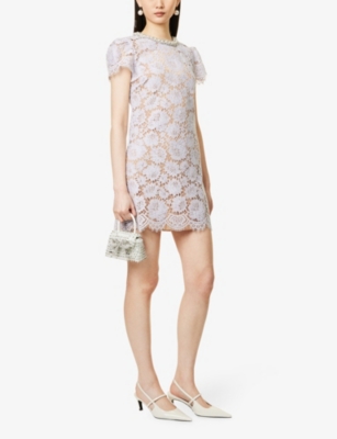 SELF-PORTRAIT: Embellished-Neckline Short-Sleeve Lace Mini Dress