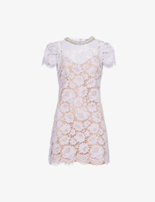 SELF-PORTRAIT: Embellished-Neckline Short-Sleeve Lace Mini Dress