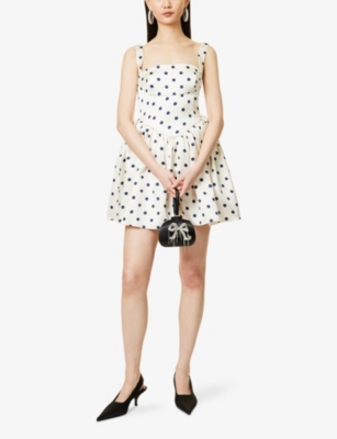 SELF-PORTRAIT: Polka Dot Gathered-Waist Sleeveless Satin Mini Dress