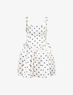 SELF-PORTRAIT: Polka Dot Gathered-Waist Sleeveless Satin Mini Dress